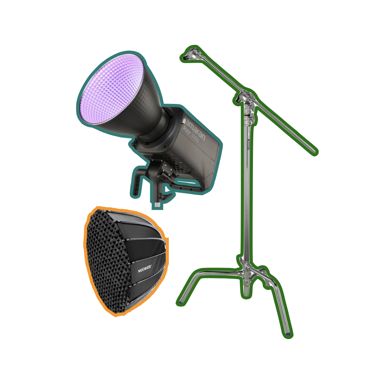 Amaran ray 660c rgbww continuous video light + c-stand + softbox 300c