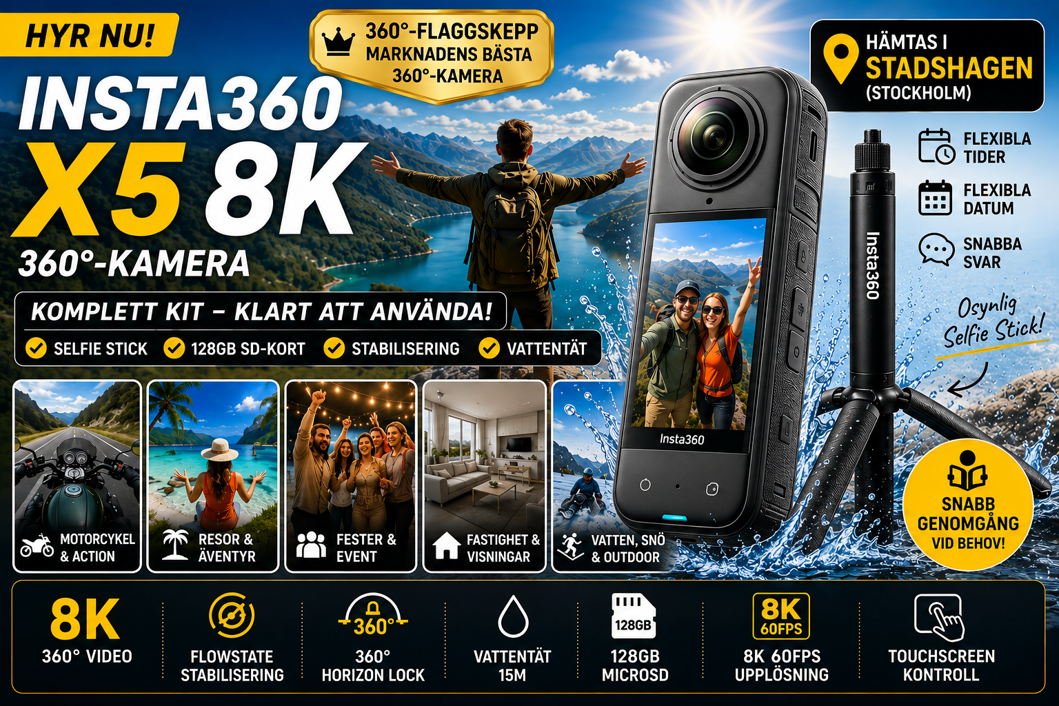 Insta360 x5 8k – komplett 360°-kamera | 128gb + selfie stick | stadshagen