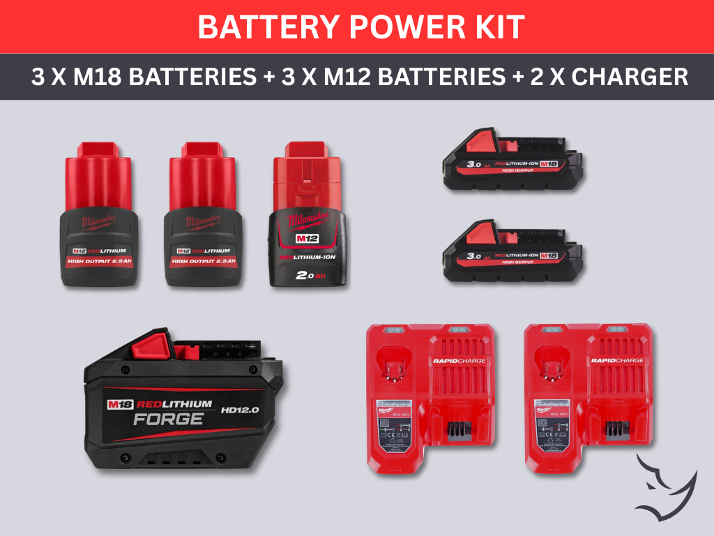 Milwaukee 3 x m18 batteries + 3 x m12 batteries + 2 x charger, battery power