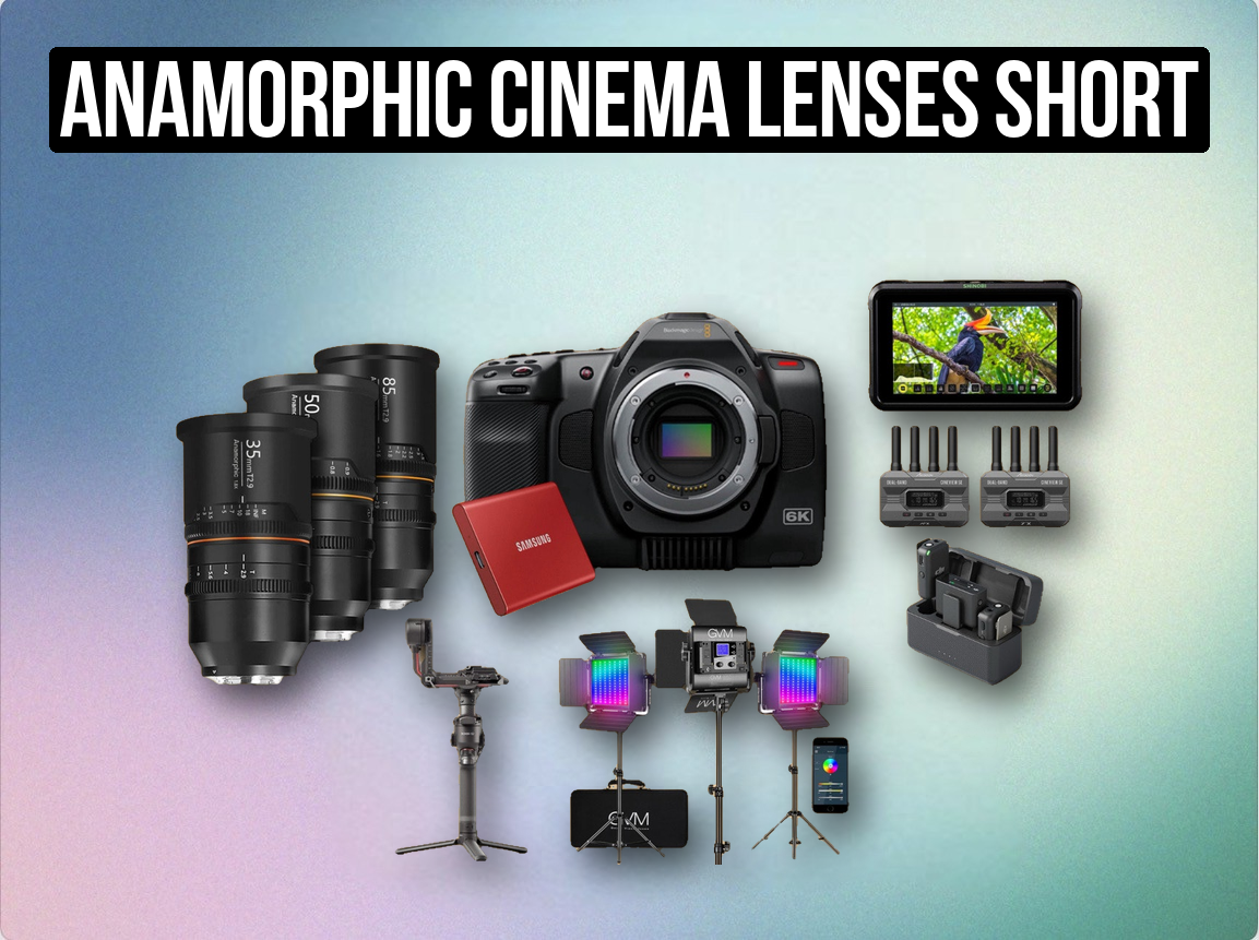 Anamorphic cinema lenses short film bmpcc 6k pro set + dji gimbal + lav mics + transmitter image