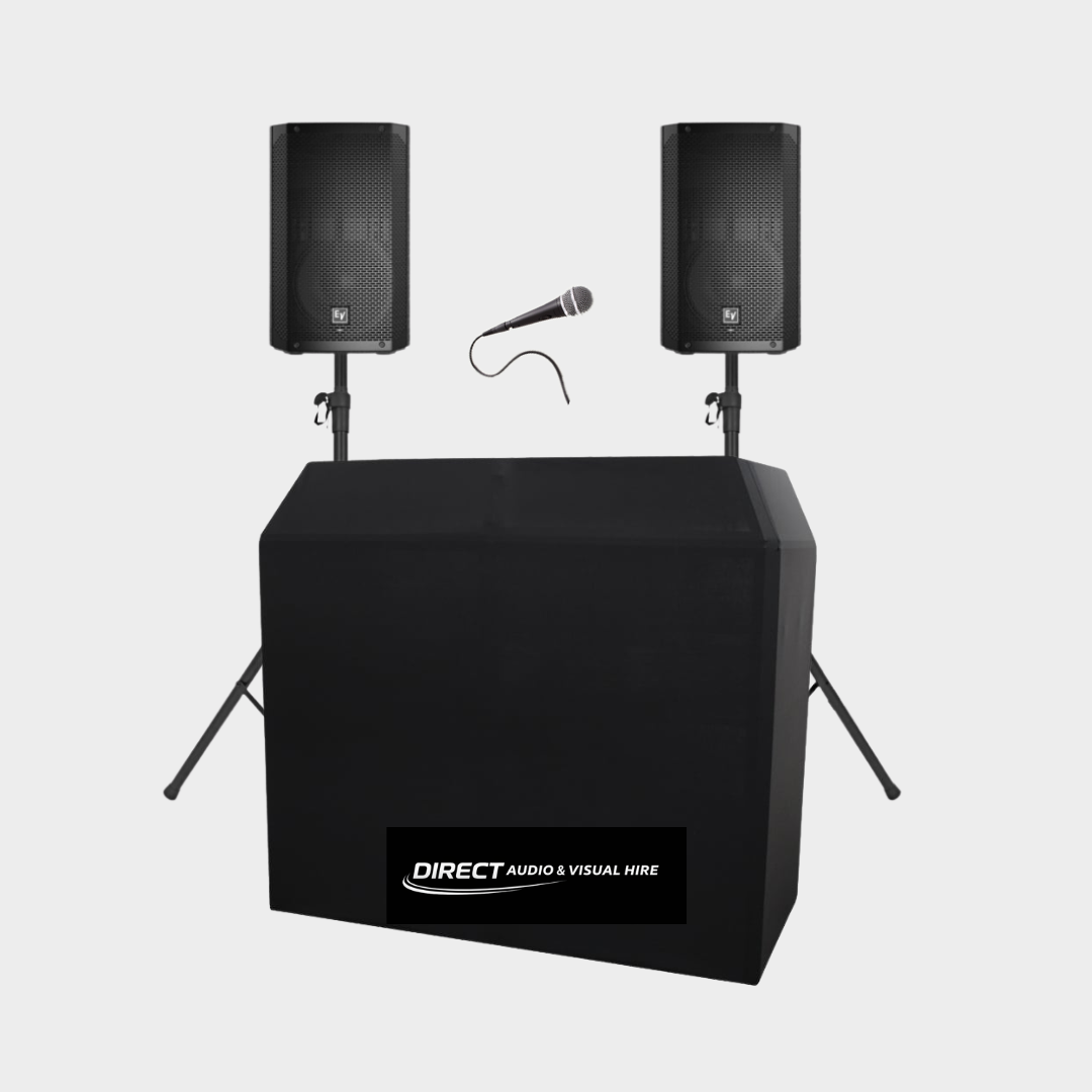 X2 active speakers 12" (1,000-1,500 watts),  x2 speaker stands, x1 mixer, x1 wired microphone, x1 aux cable, x1 rca cable & x1 dj booth 