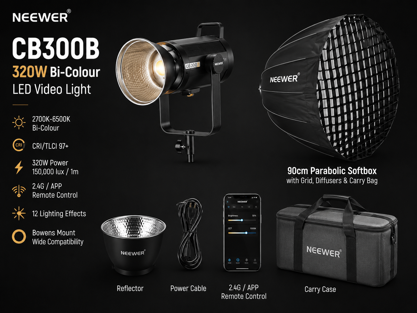 Neewer cb300b 320w bi-colour led video light + 90cm parabolic softbox & grid + light stand