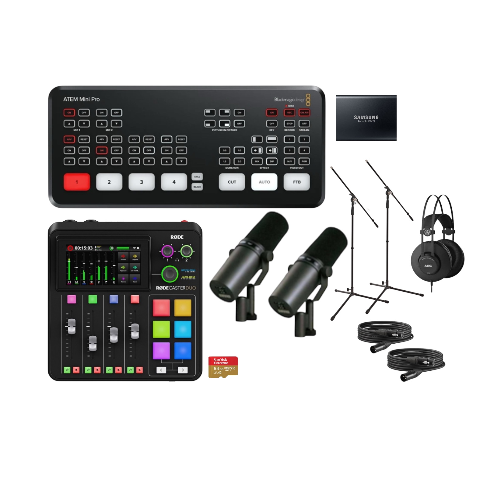 Blackmagic atem mini pro  + rodecaster duo + 2 x shure sm7b live stream switcher live streaming podcast kit vision mix