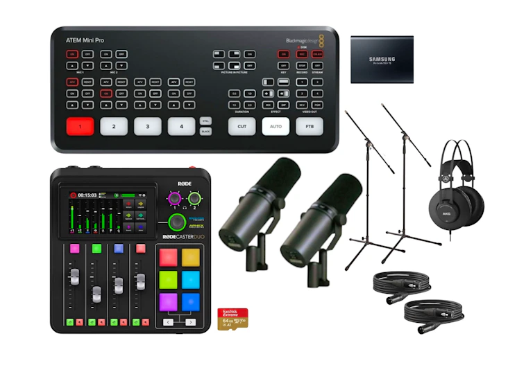Blackmagic atem mini pro + rodecaster duo + 2 x shure sm7b live stream switcher live streaming podcast kit vision mix