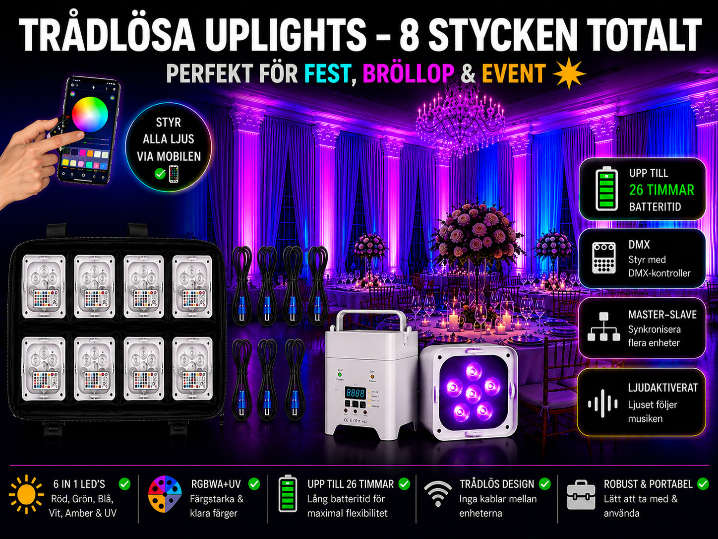 💡✨ 8 st trådlösa stämingsljus/ uplights / par-ljus / partyljus– 8 stycken rgbwa+uv med batteridrift & appstyrning