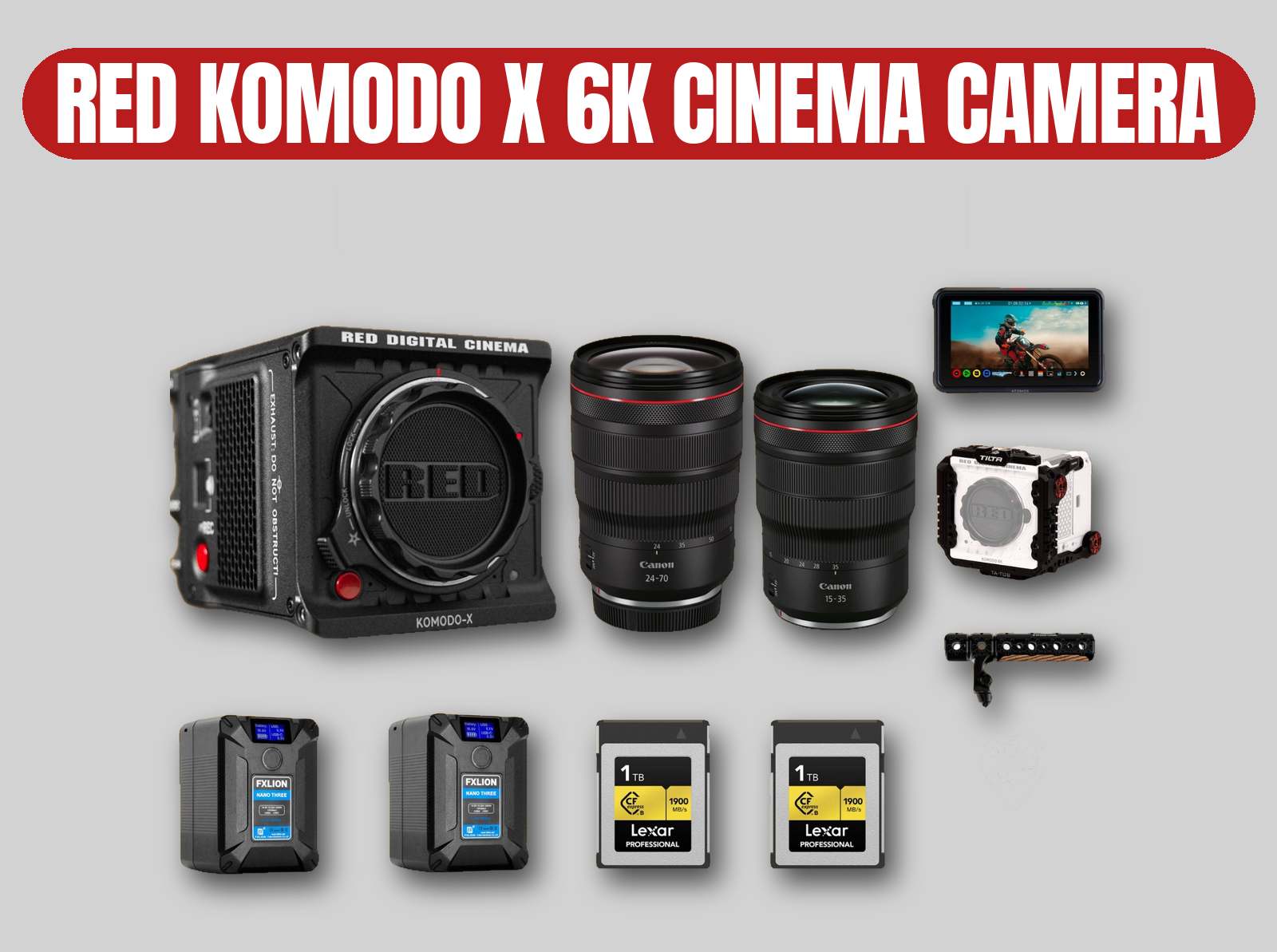 Red komodo x 6k cinema camera kit | canon rf zooms / v-mount / 2tb storage / monitor / cage