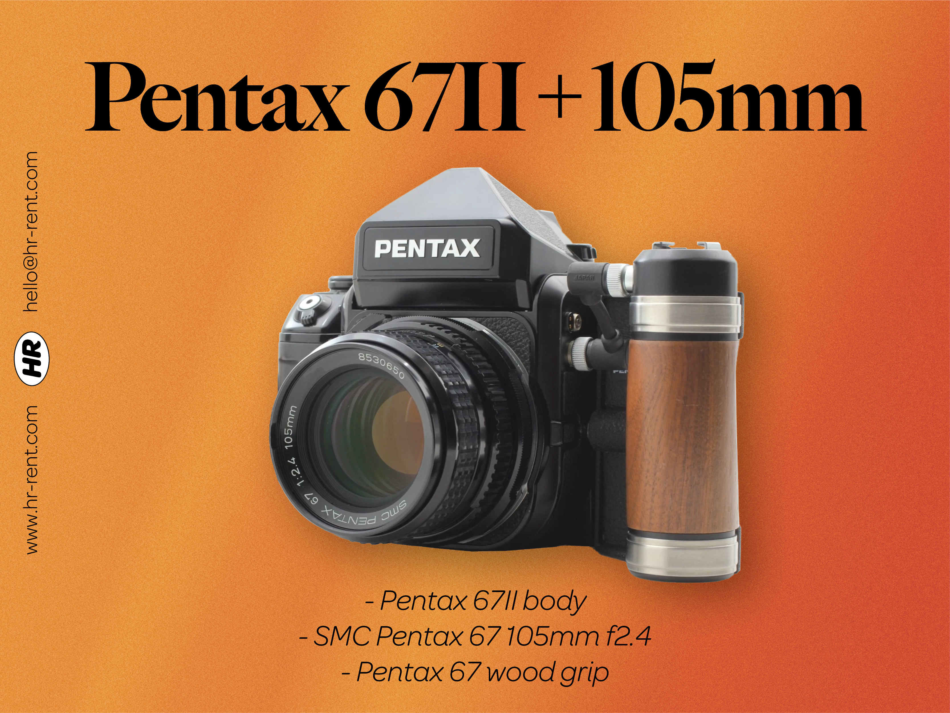 Pentax 67 ii + 105mm f2.4 lens + wood grip