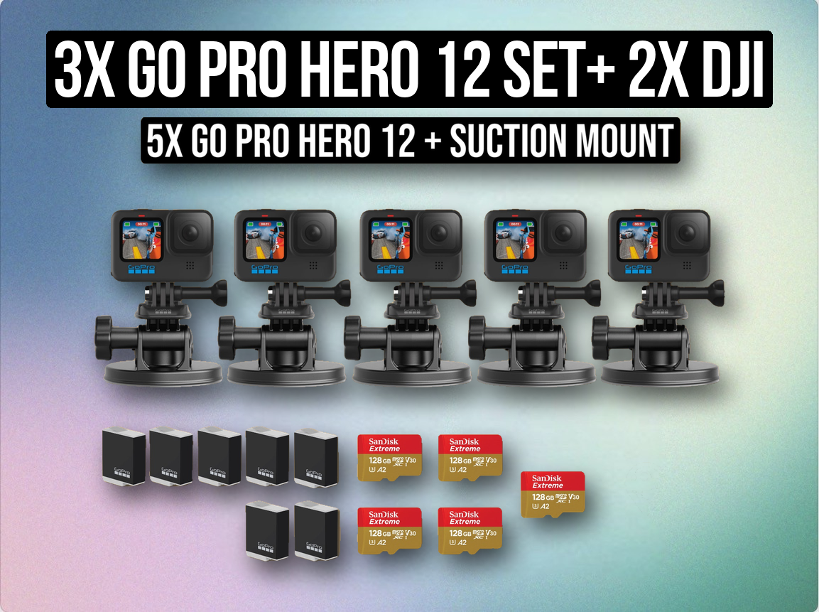 3x go pro hero 12 set+ 2x dji osmo action 5 pro + 5x 128gb sd card + 10x batteries + 5x suction mounts action 