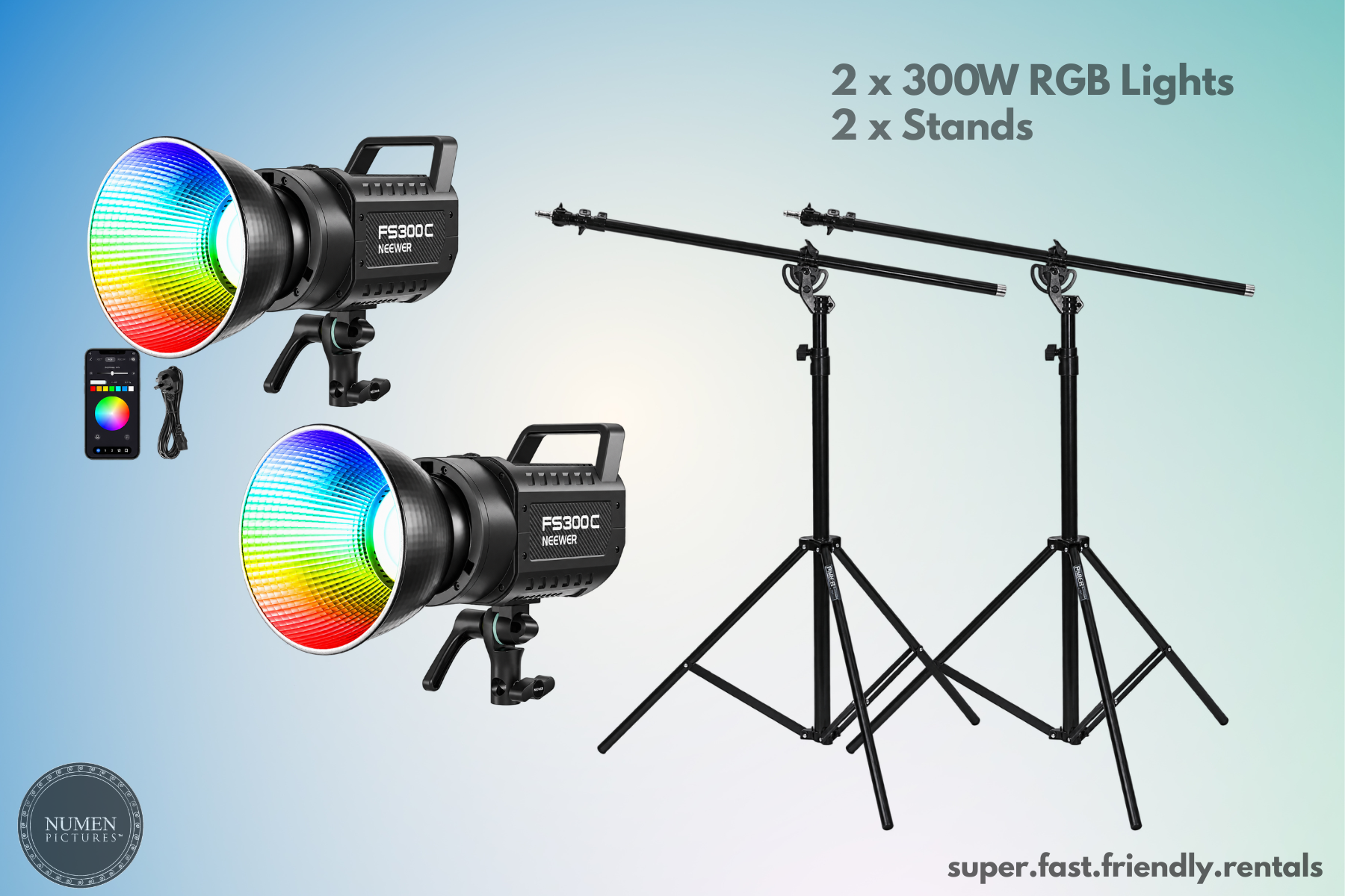 2 x neewer fs300c 300w rgb lights & 2 x stands (like aputure 300d)