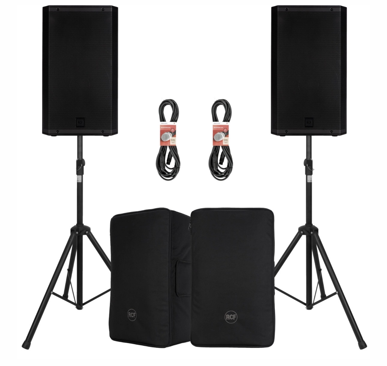 Rcf art 915-a professional speakers (pair) + stands + covers + xlr cables