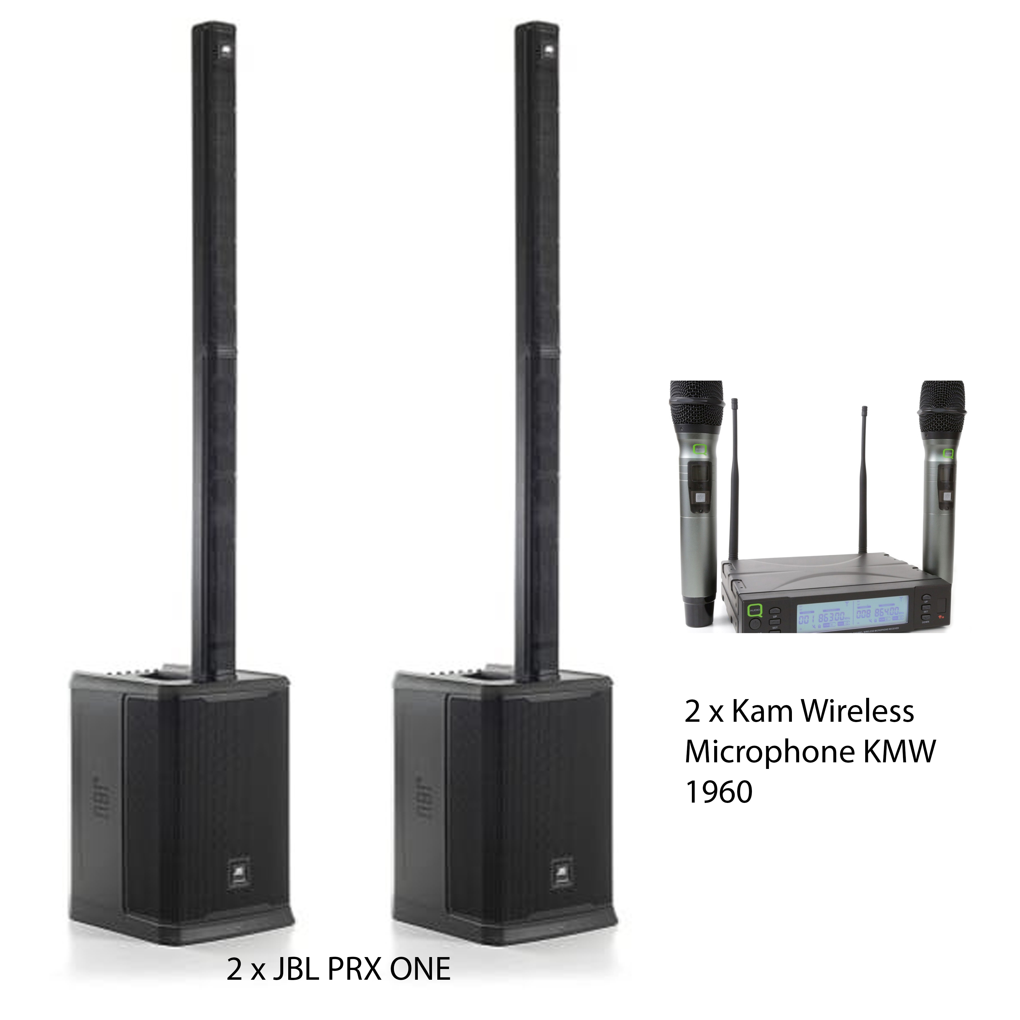 2 x jbl prx one 2000w speakers + kam wireless microphone kmw 1960