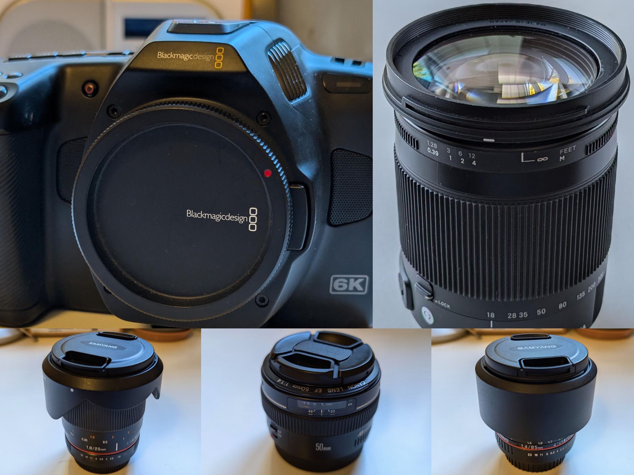 Blackmagic pocket cinema camera 6k pro (+18-300mm) + 20mm 1.8 + 50mm 1.4 + 85mm 1.4 