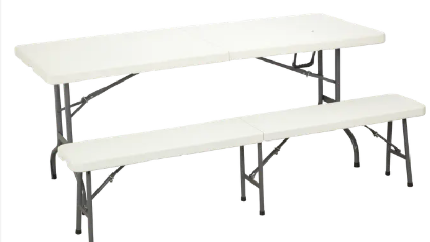 Vita hopfällbara bord+bänkar: 6 set finns