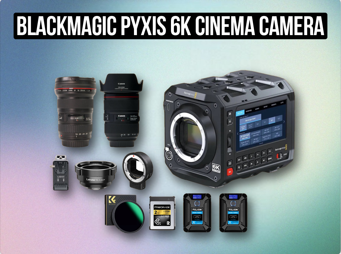 Blackmagic pyxis 6k cinema camera + canon ef lens set | modular 6k raw/prores body + 24–70mm + 70–200mm + mount adapters + v-mount power (like canon c300 / sony fx6)