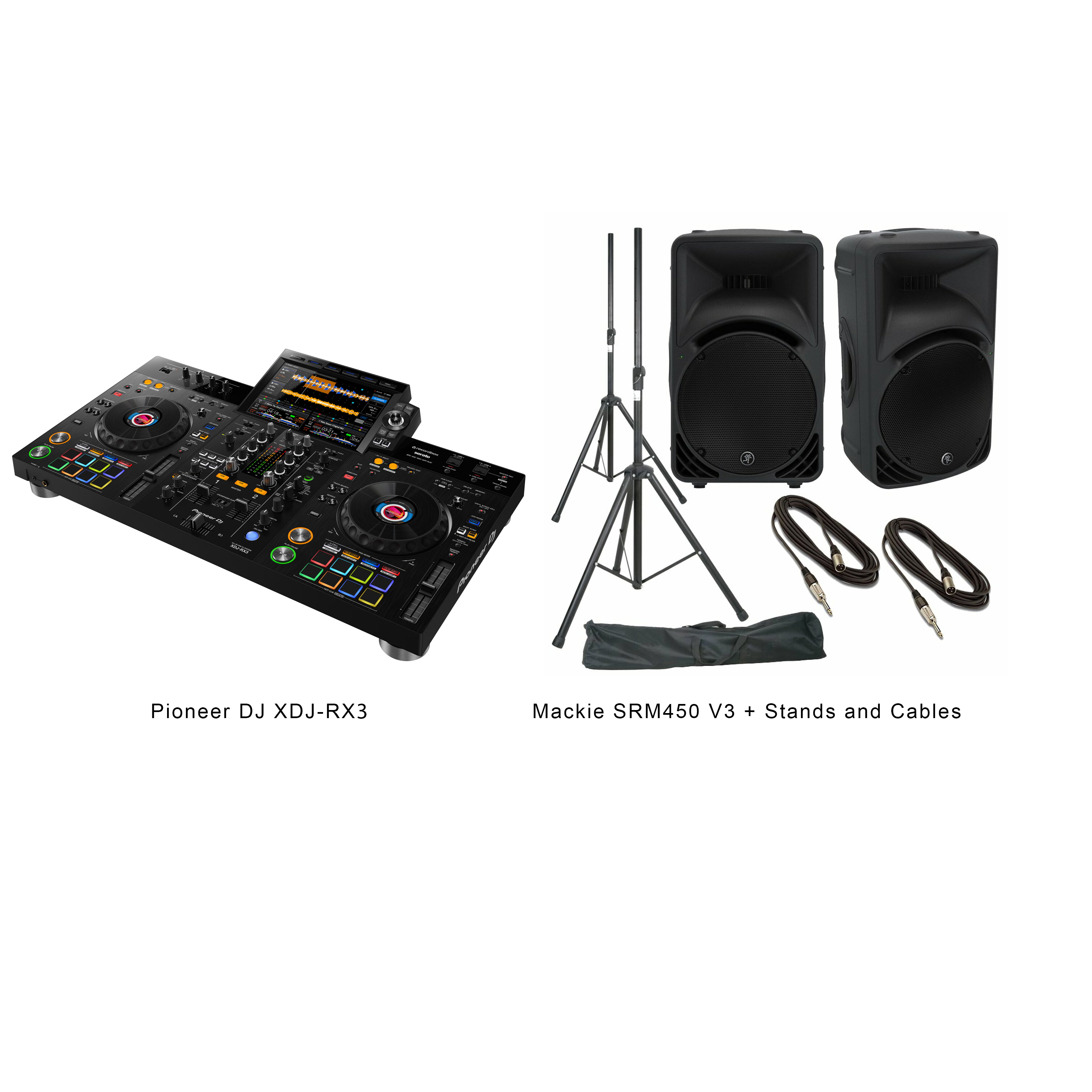 Pioneer xdj rx3 dj decks + 2 x mackie srm 450 v3 2000 w speakers + stands +leads + carry case 