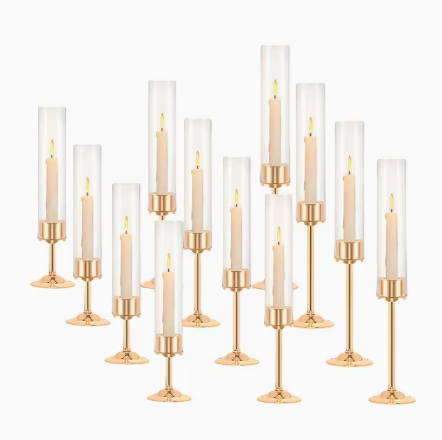 ✨ elegante gullfargede lysestaker med glass – 23 stk til utleie ✨