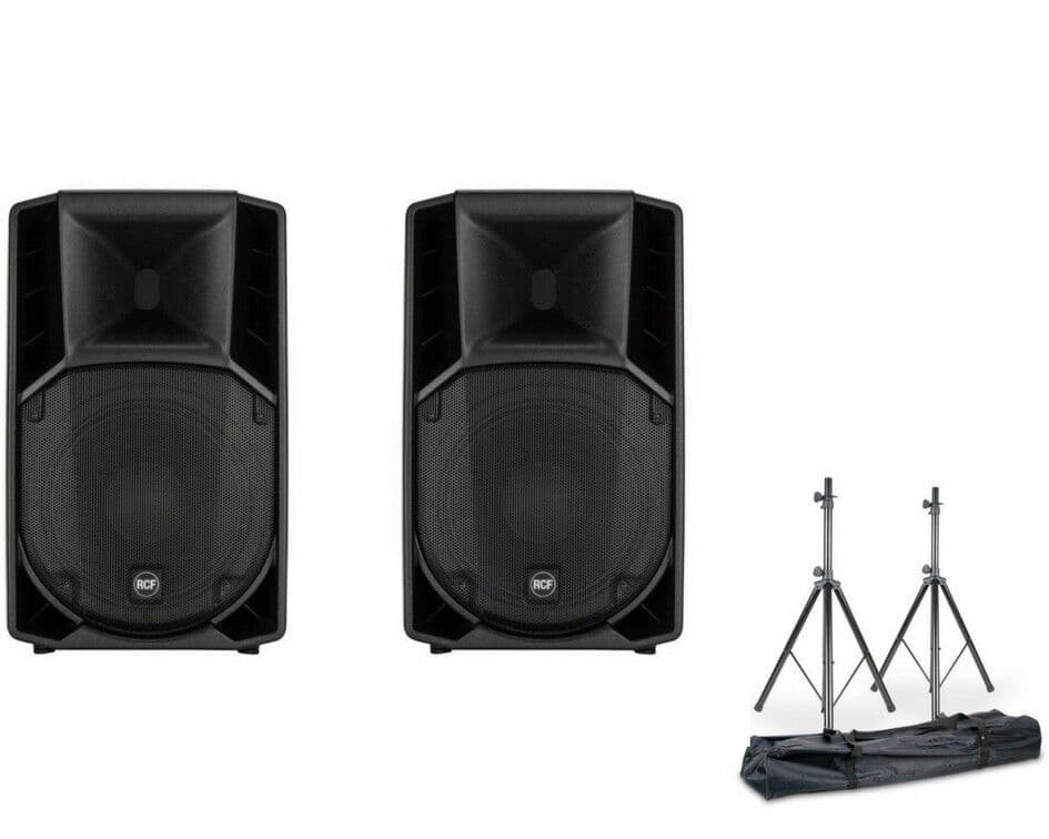Speaker package - rcf 712 x2, cases, cables & stands.