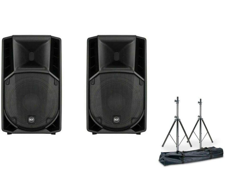 Speaker package - rcf 712 x2, cases, cables & stands.