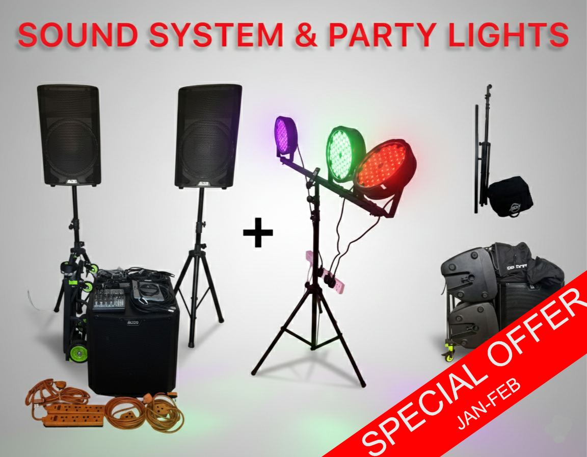 Complete dj pa system + party lights – speakers, subwoofer & led lighting