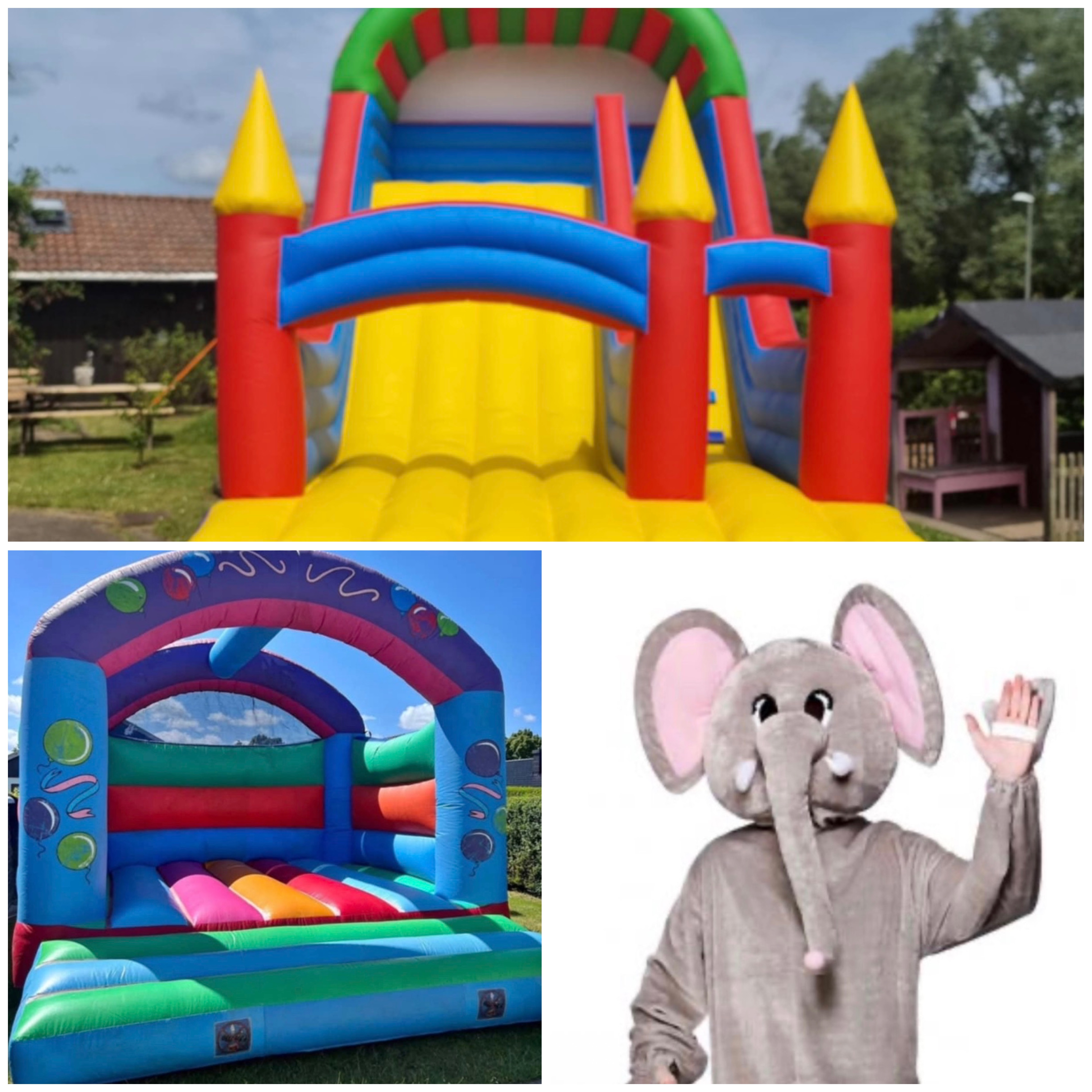 🎉 hyr komplett kalaspaket – hoppborgar + elefantmaskot! 🐘🎈