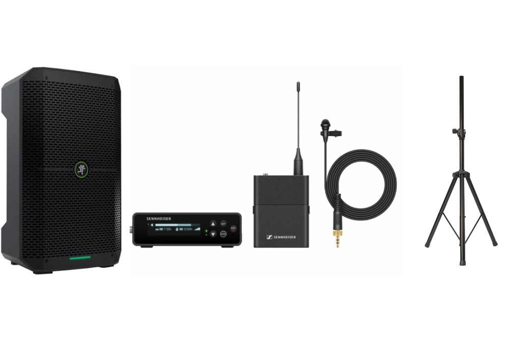 3i1 - komplett lydpakke: sennheiser trådløst mikrofonsystem + mackie thump go  200 w bærbar ladbar høyttaler  + stativ