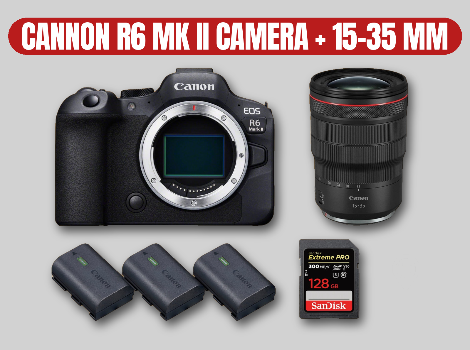 Canon r6 mark ii camera kit | rf 15-35mm wide zoom lens / batteries / 128gb sd