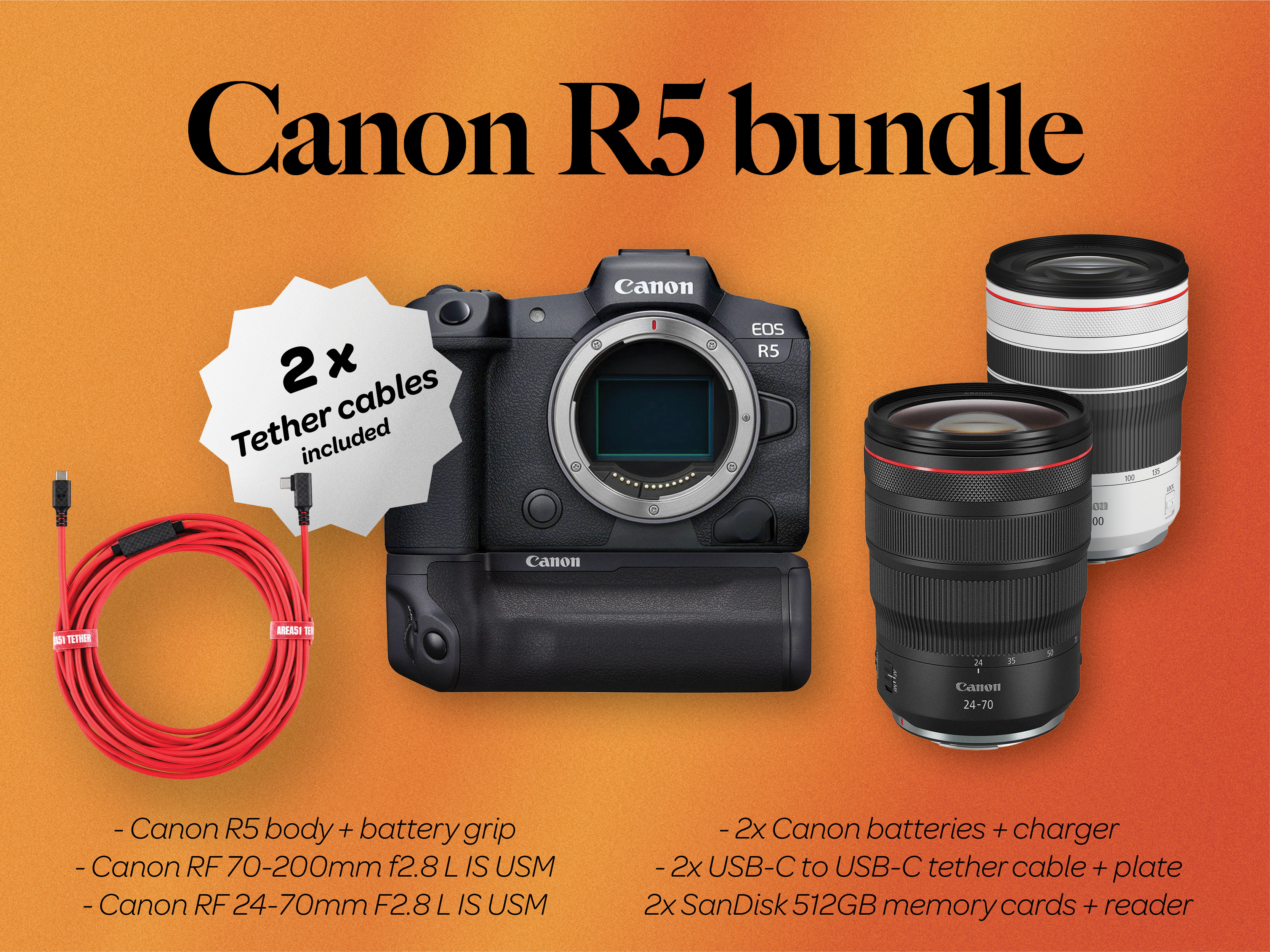 Canon r5 body + rf 24-70mm f2.8 + rf 70-200mm f2.8 lens + bg-r10 battery grip