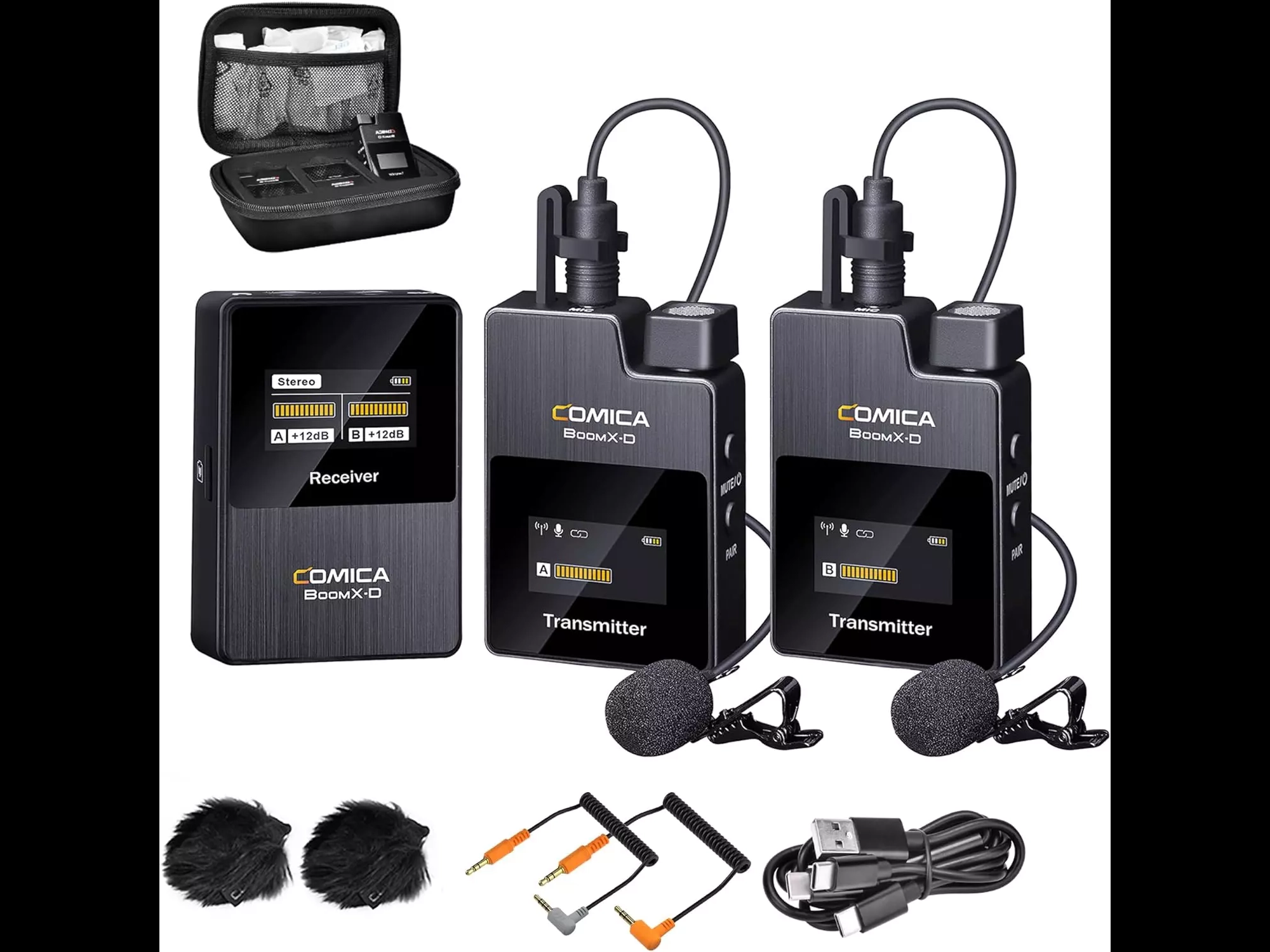 Comica wireless dual lavalier microphone, boomx-d2 2.4g compact wireless system