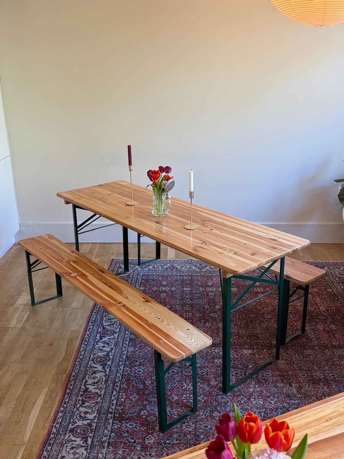 3 folding wood tables and 6 folding wood benches