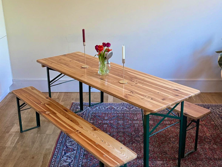 3 folding wood tables and 6 folding wood benches