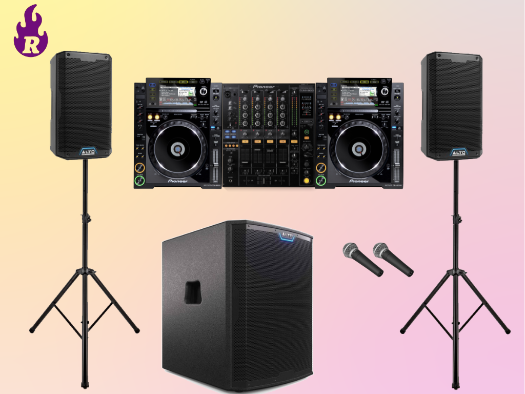 Full party package:  2x 2500w alto ts412 + alto ts18s sub + djm800 mixer + 2 x cdj2000s + 2 mics