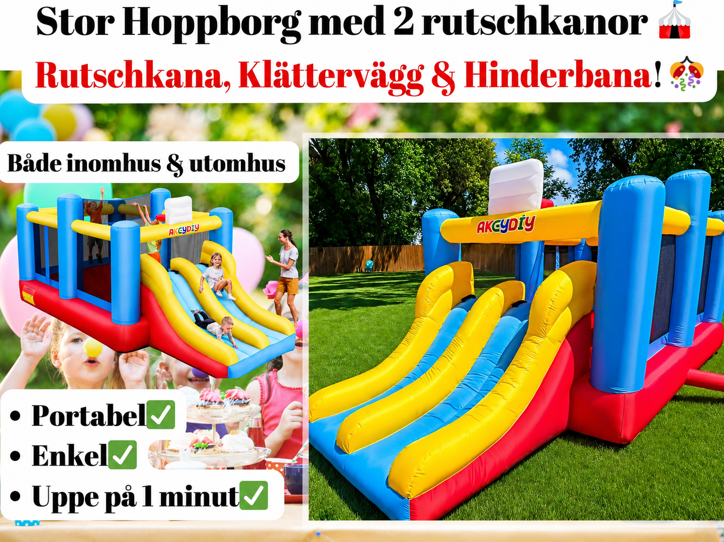 Stor hoppborg med 2 rutschkanor & basketkorgar – perfekt för barnkalas! 🎉