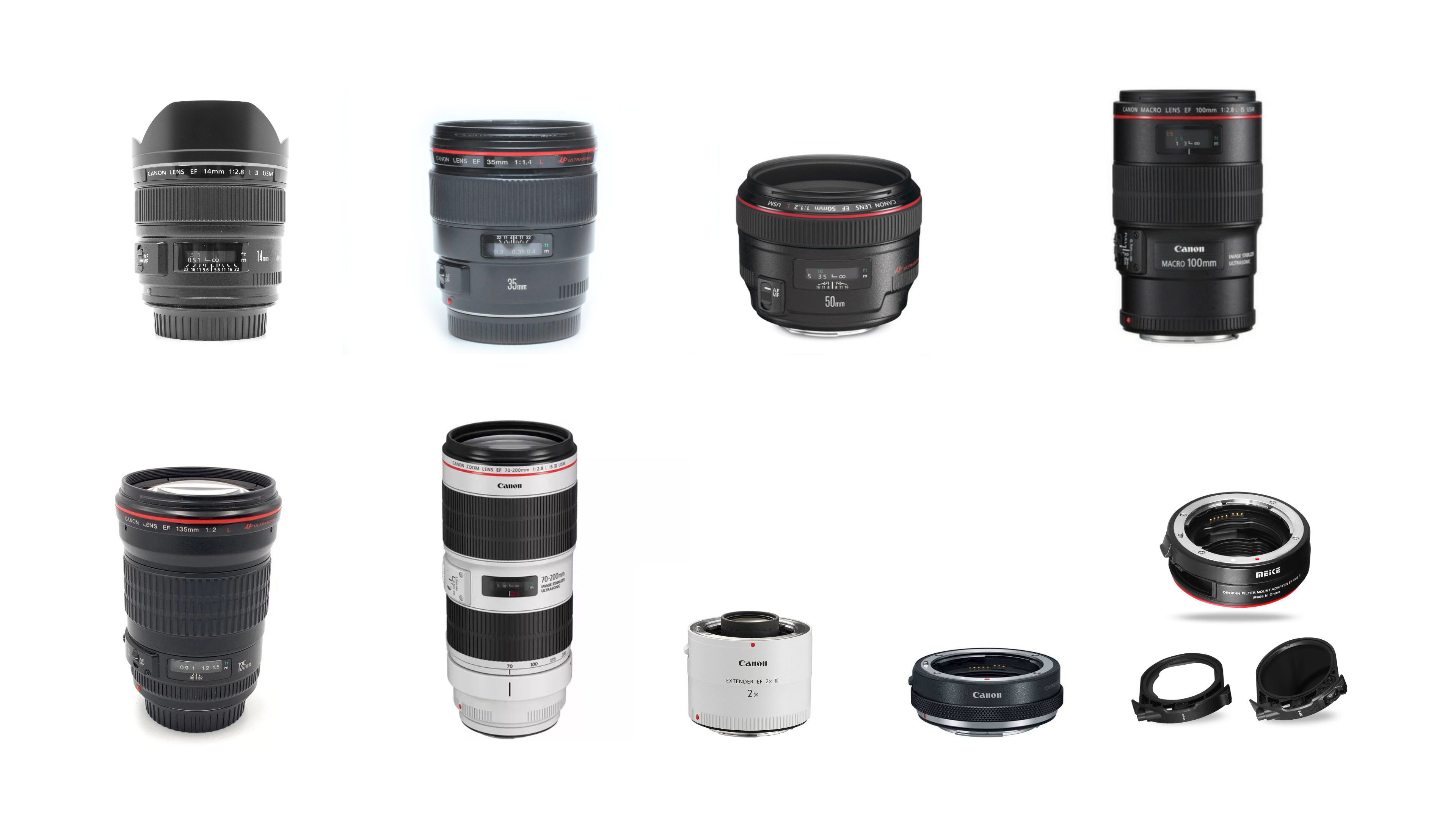 Canon ef 7 x l lens collection plus canon rf-ef adapter