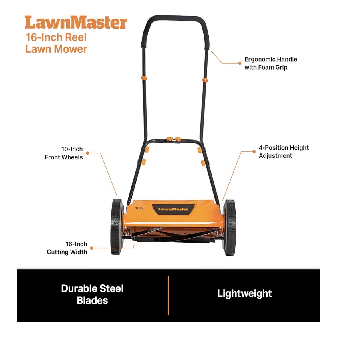 Manual lawn mower 18-inch cutting width, 7-blade ball bearing reel, and 10-inch