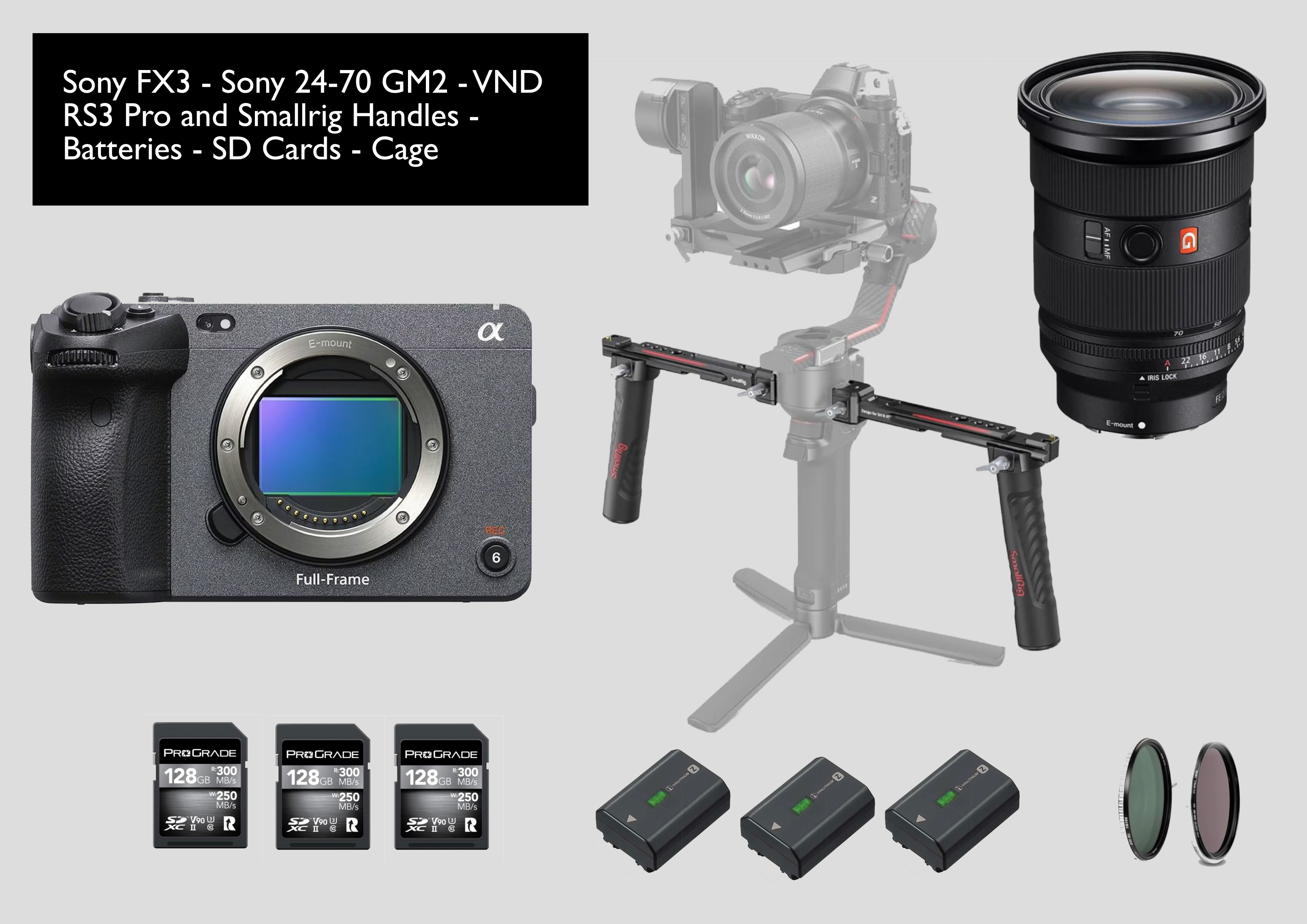 Sony fx3 - sony 24-70 gmii - rs3 pro with handles - batteries - sd cards - cage