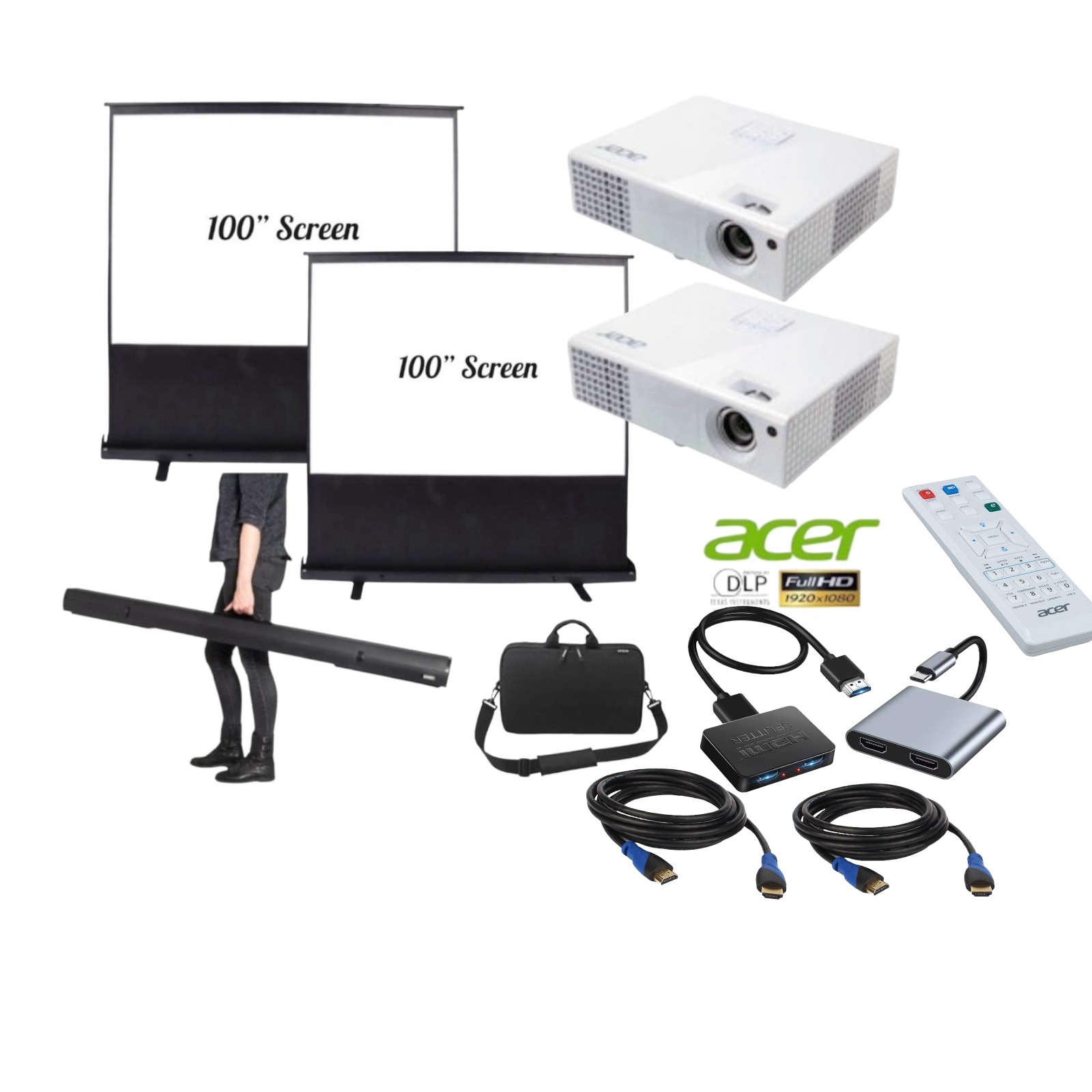 2x projector & screen 100" full hd kit event party acer epson hdmi event pop up party movie