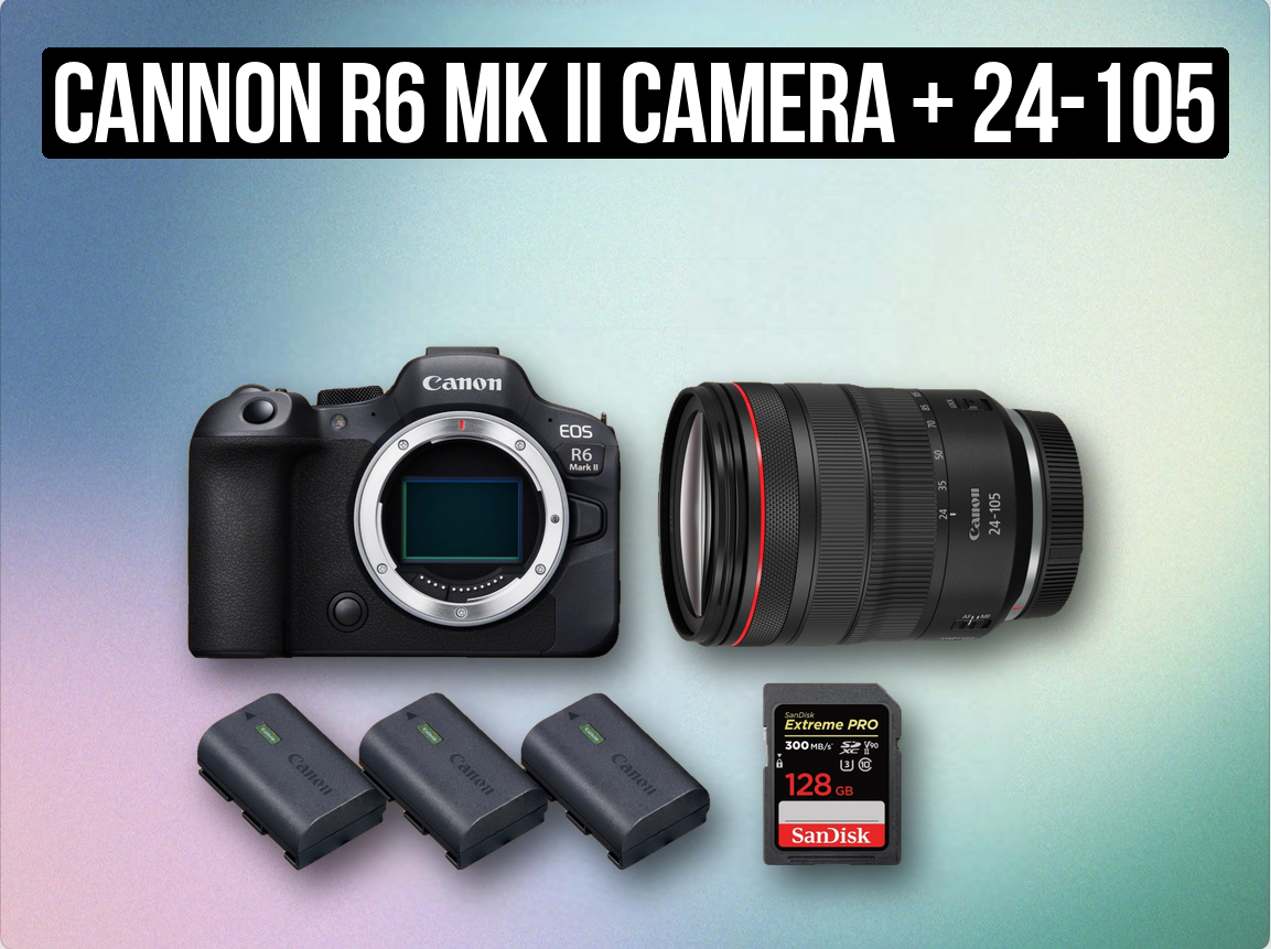 Cannon r6 mk ii camera + 24-105 mm zoom lens rf + 3x batteries + sd card