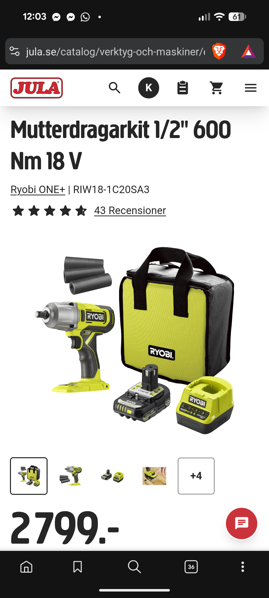 Mutterdragarkit 1/2" 600 nm 18 v