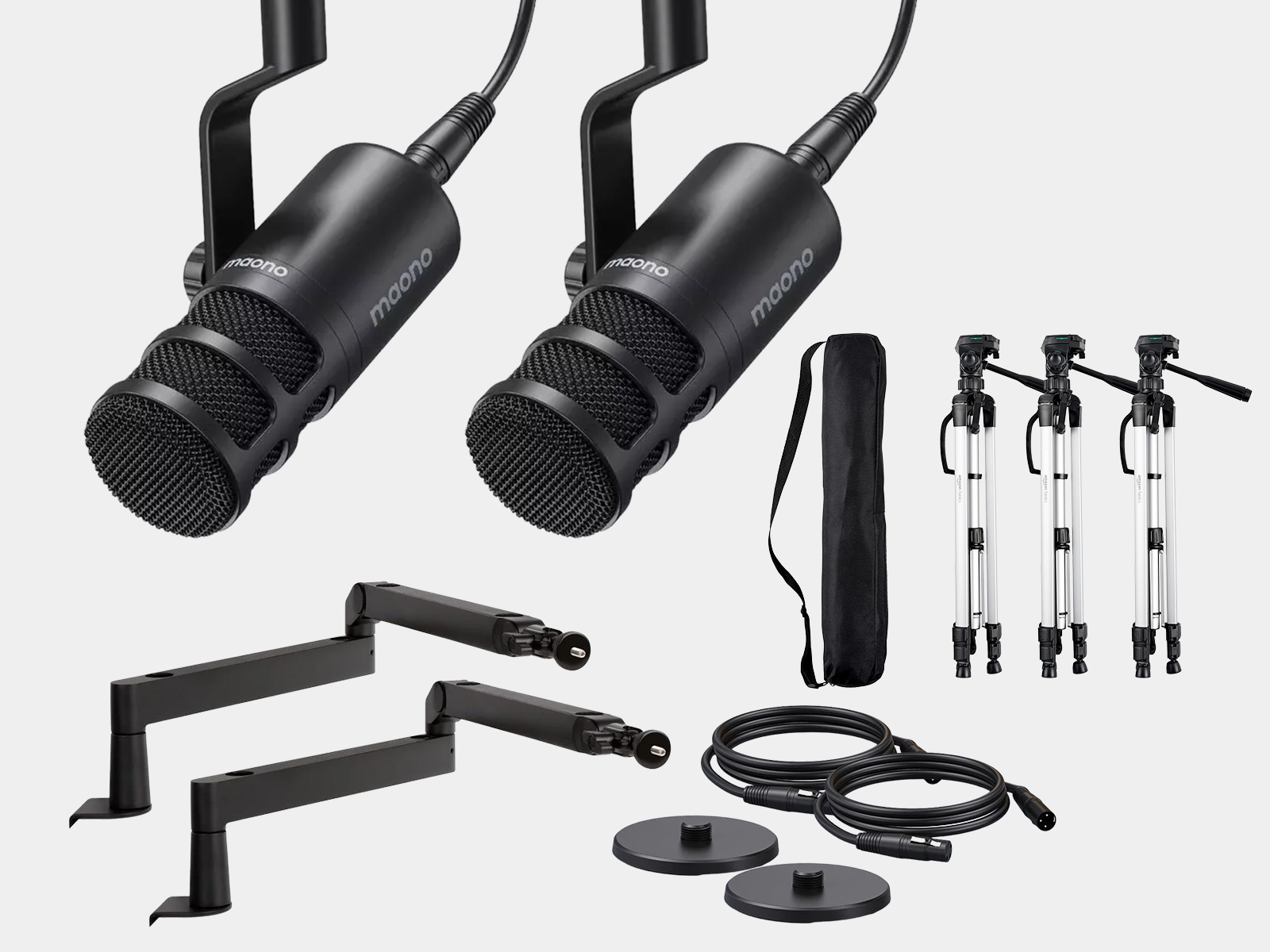 2x maono pd100 dynamic microphone + 2x mic boom arm + 3x lightweight tripods bundle