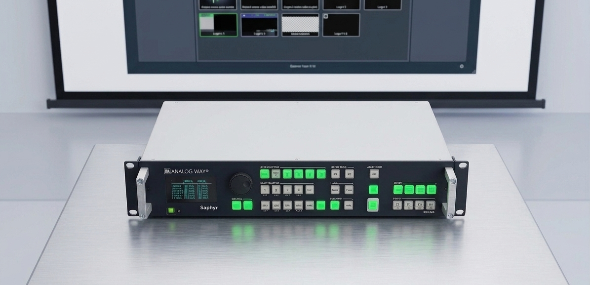 Analog. way saphyr seamless multi-format presentation switcher for live events.