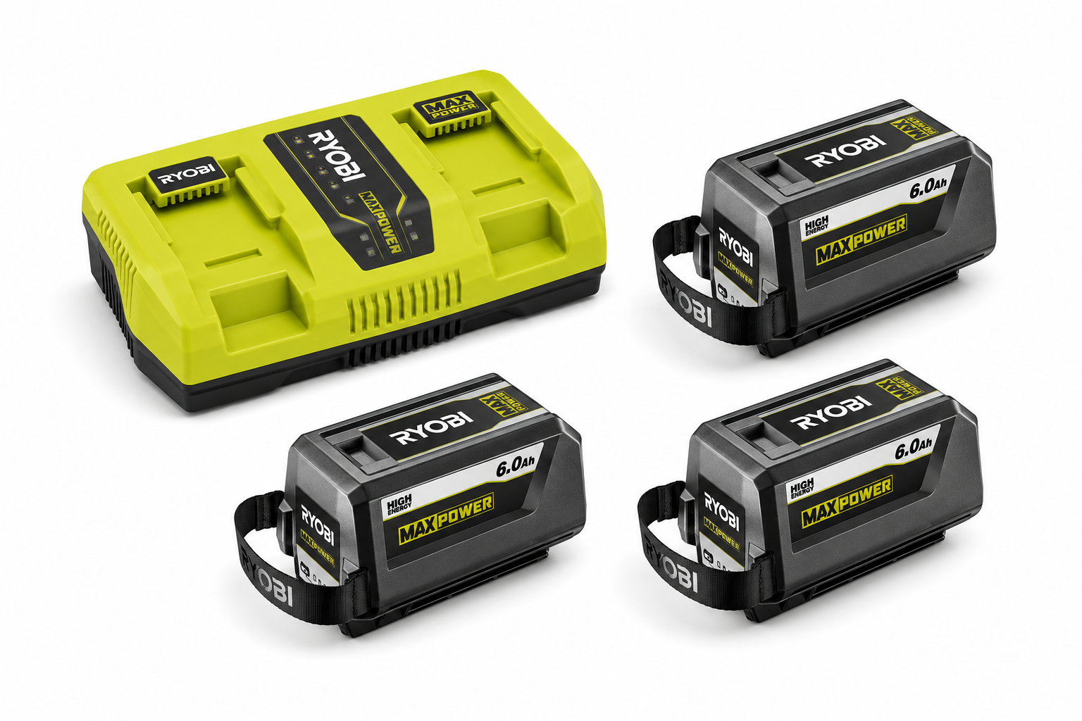 Ryobi max power 36v batteripakke til utleie – 3 batterier (6,0 ah) + dobbel hurtiglader
