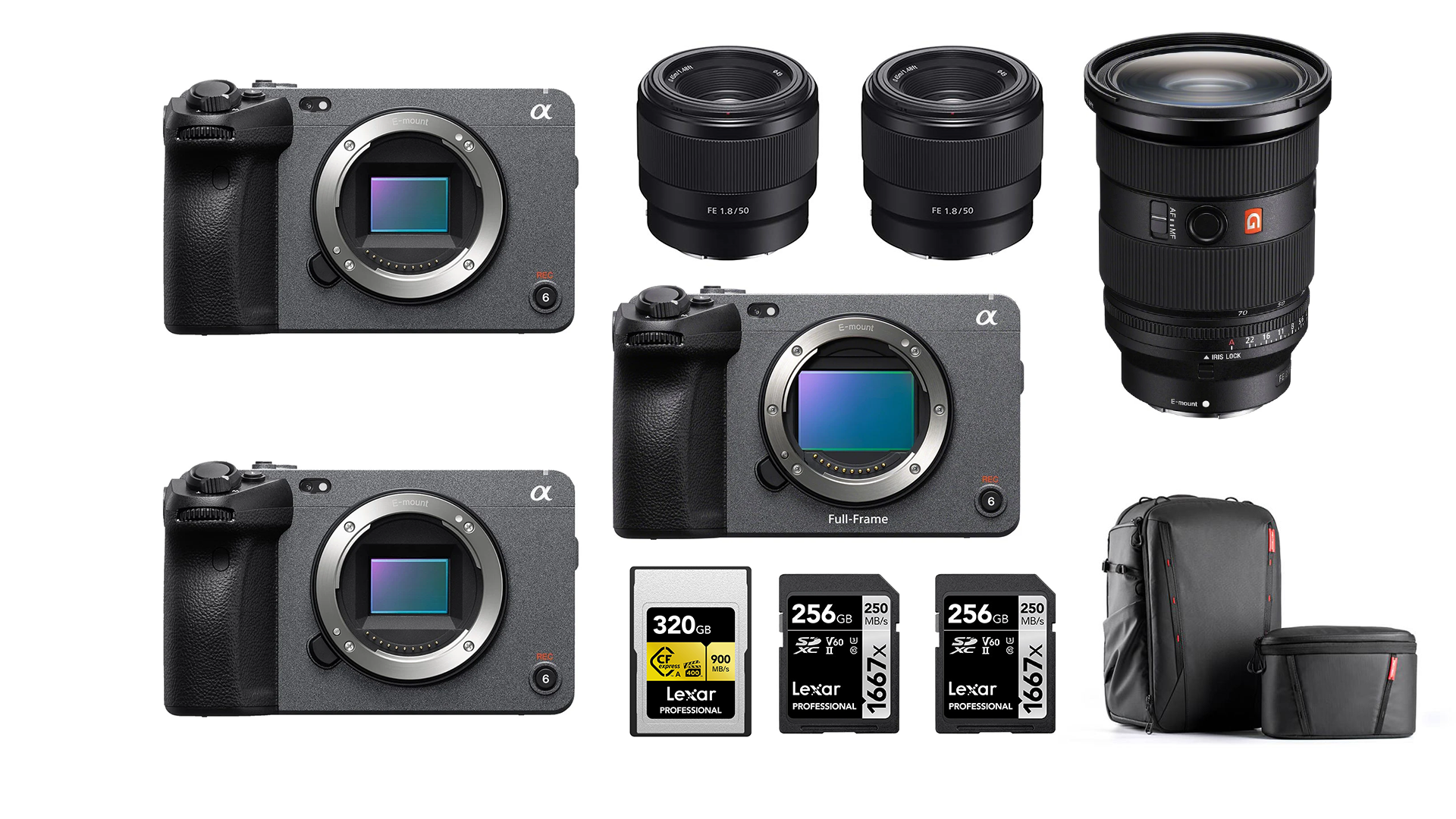 3-camera podcast kit - 2x fx30 + fx3 + 24-70 gm ii + 2x 50mm + 3x v-mount power