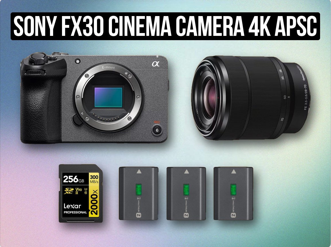 Sony fx30 cinema camera 4k apsc digital + sony fe zoom lens 28-70mm + 256gb sd card 