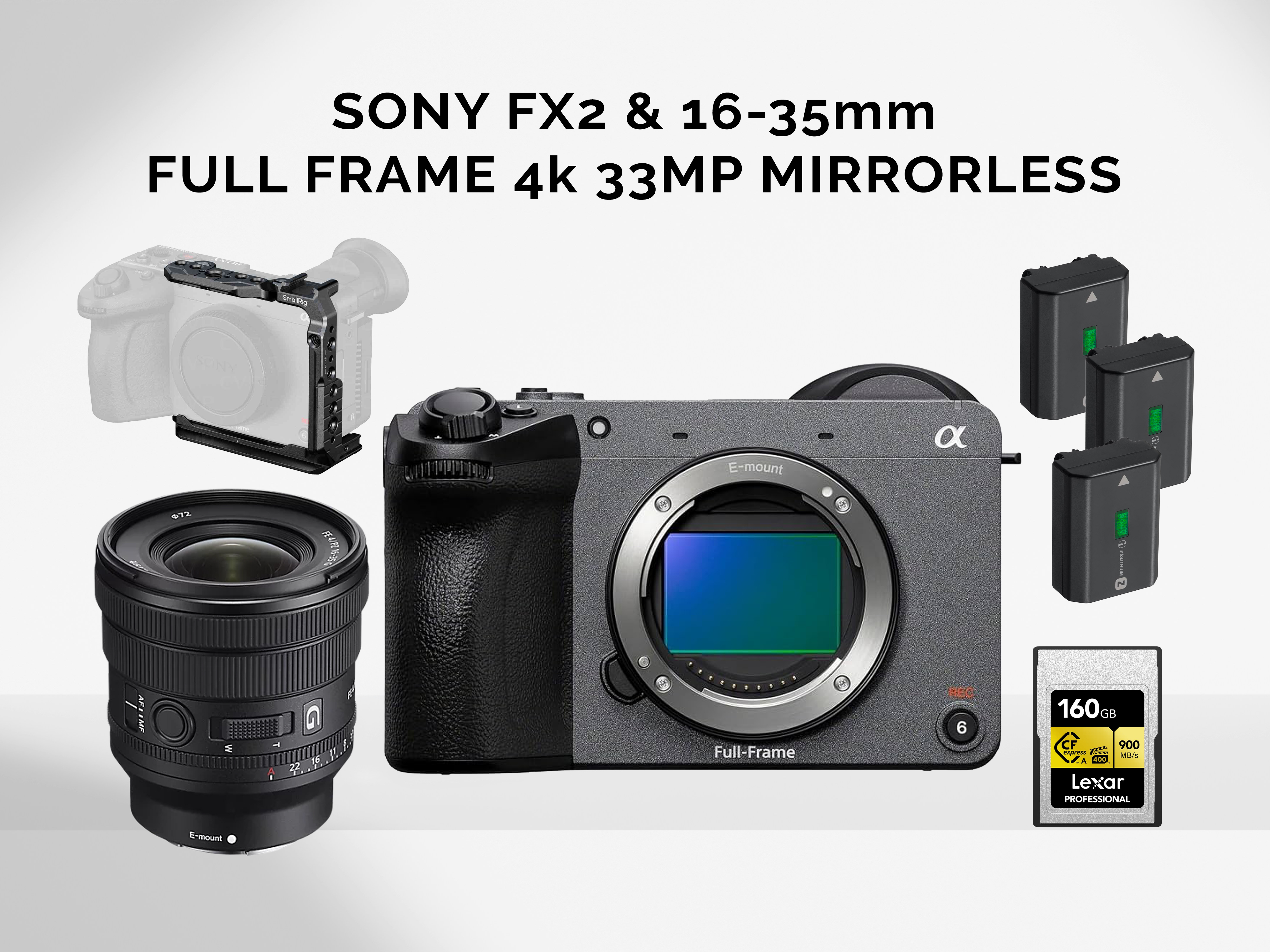 Sony fx2 4k cinema camera with 16-35mm lens with batteries and media