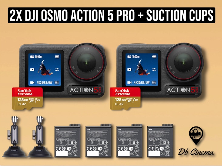 2x dji osmo action 5 pro camera 4k + suction cup mount + 128 gb card + batteries ( like go pro hero 13 )