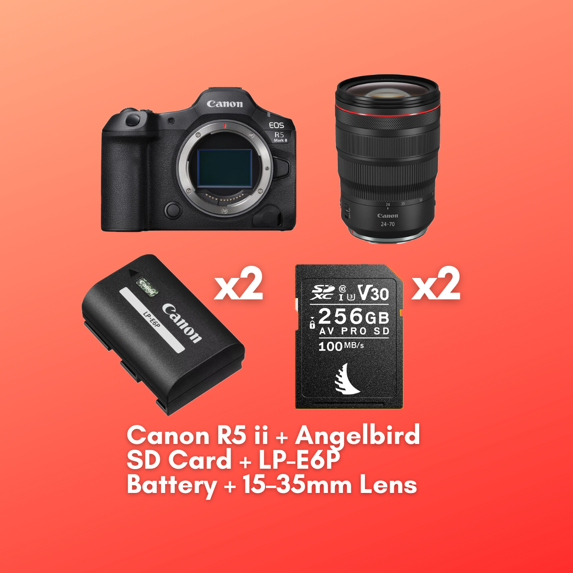 Canon eos r5 mark ii + rf 15–35mm f/2.8 l + 2× angelbird 256gb sd + 2× lp-e6p