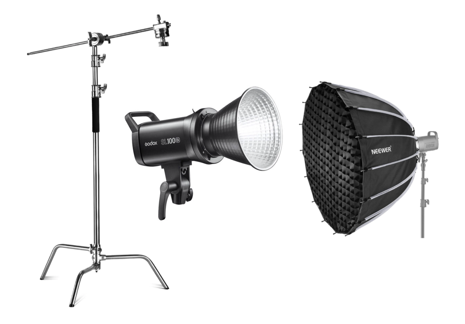 Complete professional lighting kit:  godox sl100d, softbox, & c stand