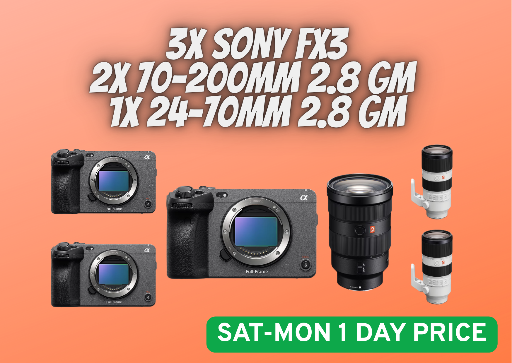 3x sony fx3 + 2x 70-200mm + 1x 24-70mm 2.8 gm lens 3x 320gb cf cards bundle special offer best price