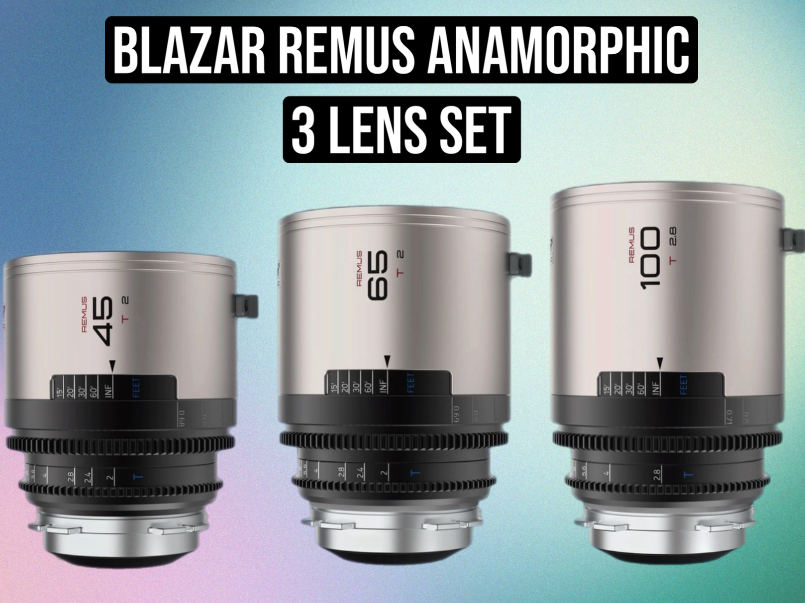 Blazar remus anamorphic 3 lens set – 45mm t2 – 65mm t2 – 100mm t2.8 – anamorphic prime set – cine lens set – cinema lenses – anamorphic film lens kit – camera lenses for filmmaking
