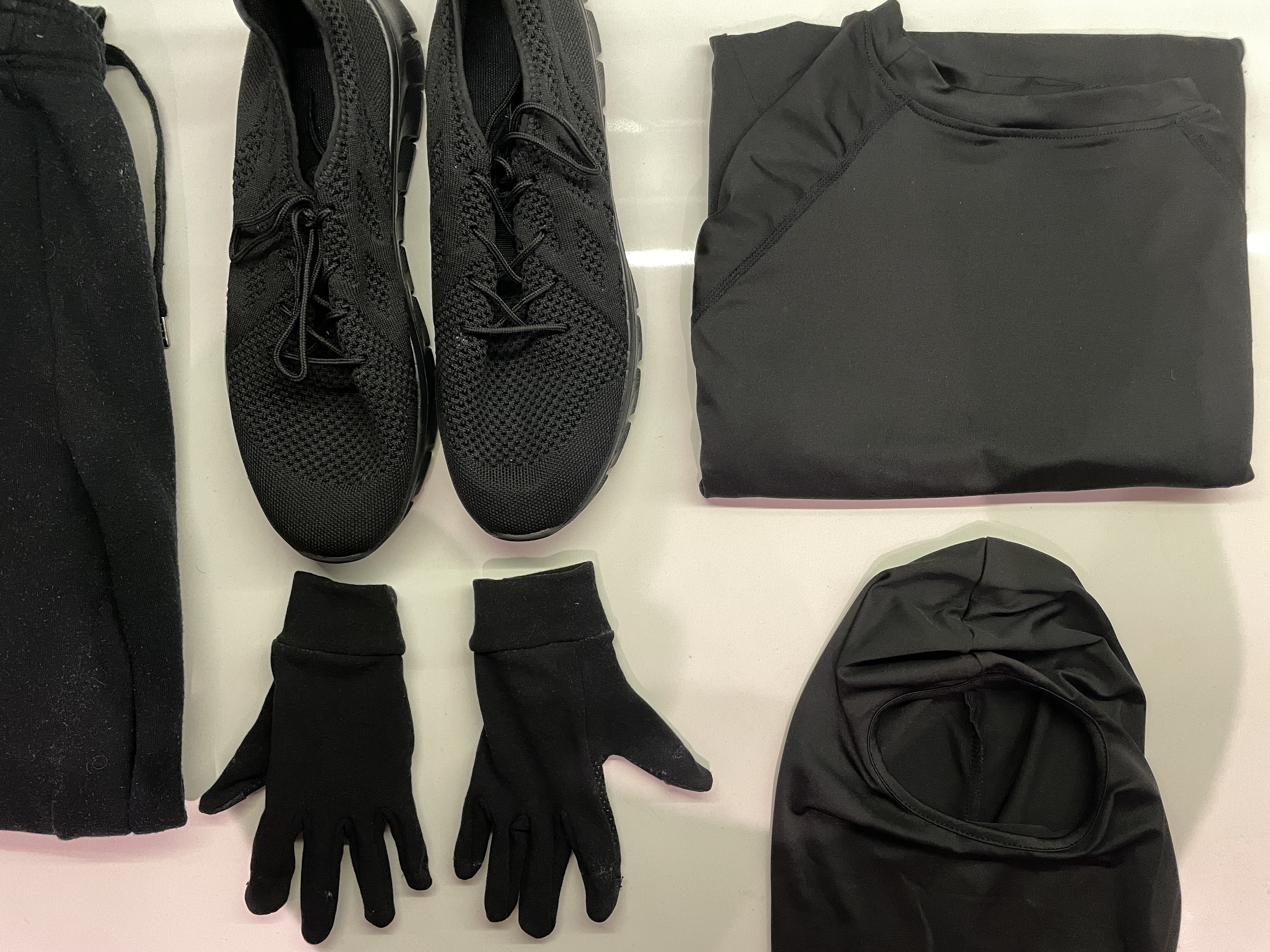 Heist / ninja men’s movie costume attire: trousers, top, mask, gloves & shoes